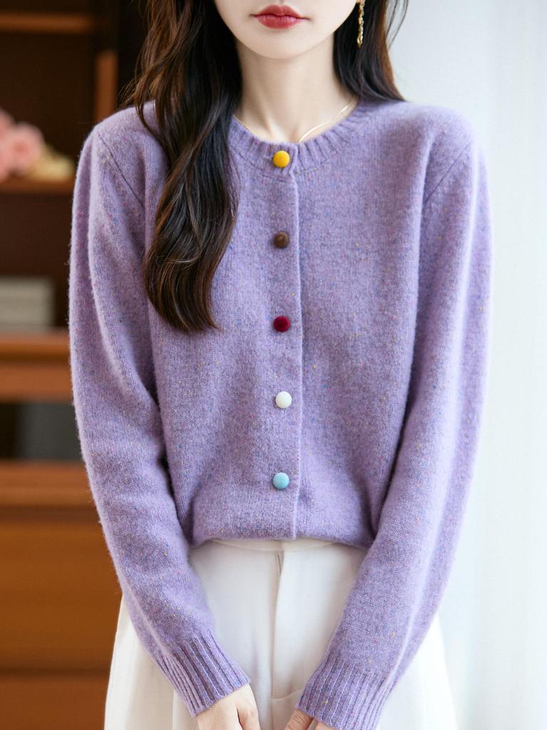 Women's Heavyweight Wool Cardigan with Colorful Buttons and Dot Yarn - Warm Autumn Winter Outerwear Sweater Coat