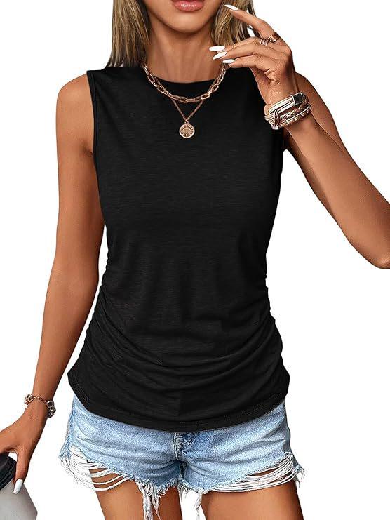 2026 Women's Sleeveless Pleated Round Neck Solid Color Casual Summer Pullover Vest