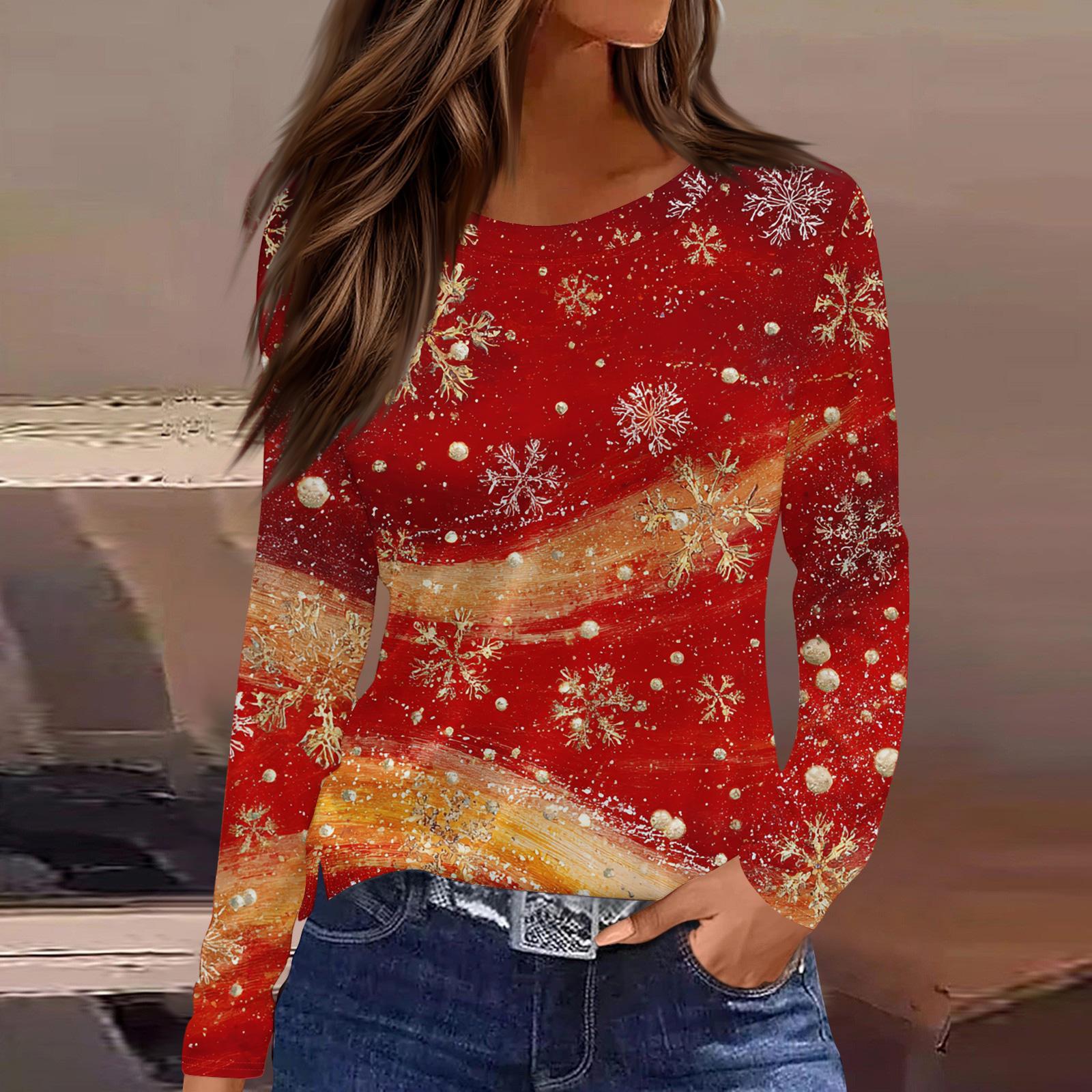 

Женская модная повседневная футболка с разрезом по низу, круглым вырезом, длинными рукавами, свободного кроя, с рождественским принтом, женский топ XL арбуз красный