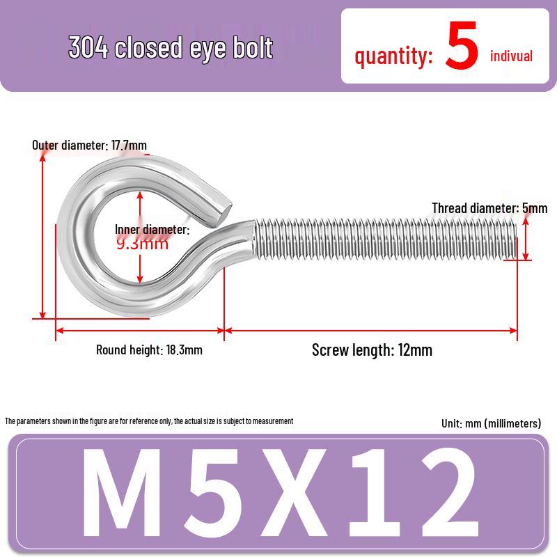 304 Stainless Steel Eyebolt with Ring Hook – Machine Thread Closed Eye Bolt (M4 M5 M6 M8)
