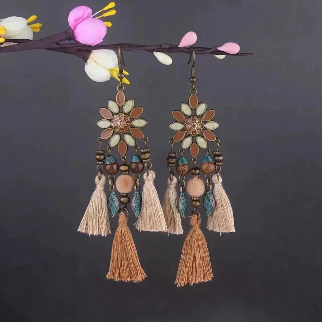 Bohemian Turquoise Owl Dream Catcher Tassel Earrings for Women