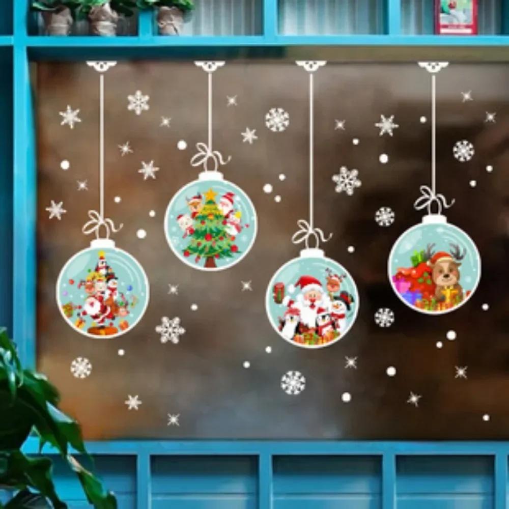 Hanging Christmas Balls Decoration Decals Door Window Removable Self Adhesive Wall Stickers Santa Elk Merry Christmas Wallpaper
