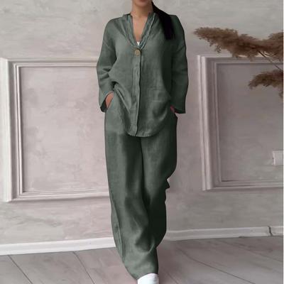 Women's Round V-neck Pullover Casual Long Sleeve Long Pants Cotton Linen Fashion Suit