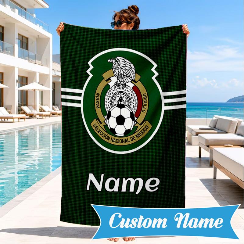 Custom Name Beach Towel Mexico Soccer Emblem Microfiber Beach Towel, Lightweight for Summer Travel, Swimming Pool Fan Birthday Gift