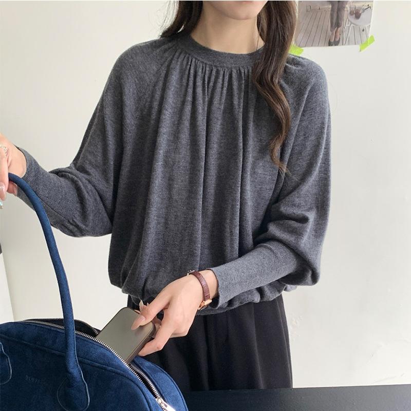 Merino Quan Wool Pleated Design Crew Neck Bat Sleeve Knitted Sweater Women's Simple Temperament Pullover with Bottoming Shirt