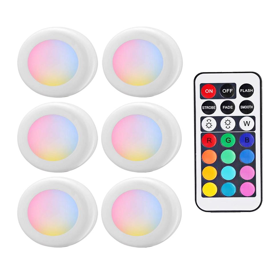 Battery Powered RGB Night Light Led Under Cabinet Lamp Puck Lights with Remote For Home Wardrobe Kitchen Display Case Decoration