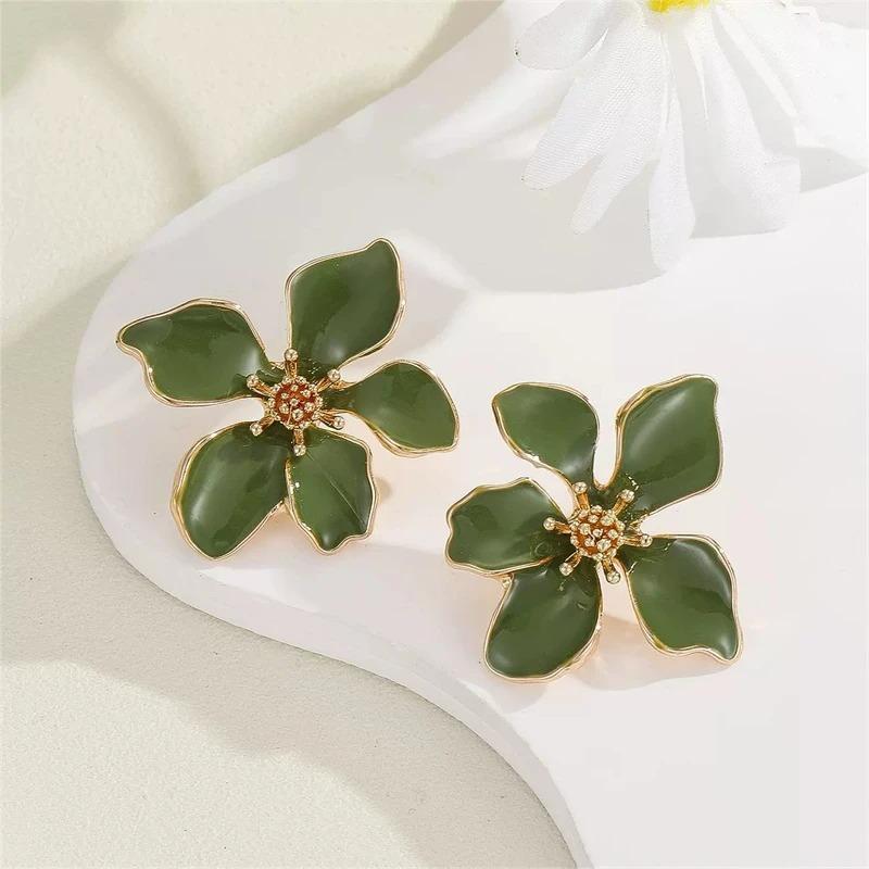 Cute Blue Flower Oil Drip Stud Earring for Women Girl Elegant Crystal Zircon Square Geometric Temperament Fashion Jewelry Gift