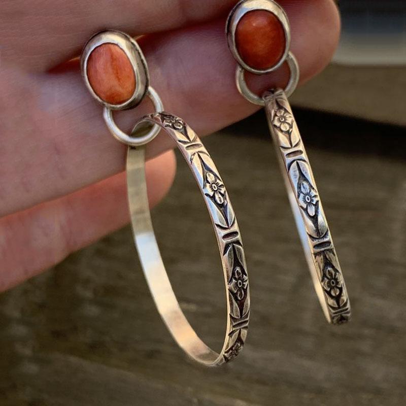 Retro Metal Engraved Circle Earrings with Turquoise Inlay
