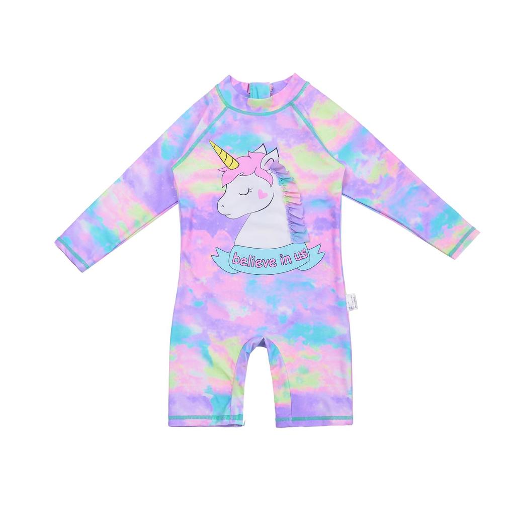 Girls' Unicorn Long-Sleeve Swimsuit with Swim Cap - Sun Protection Surf Suit