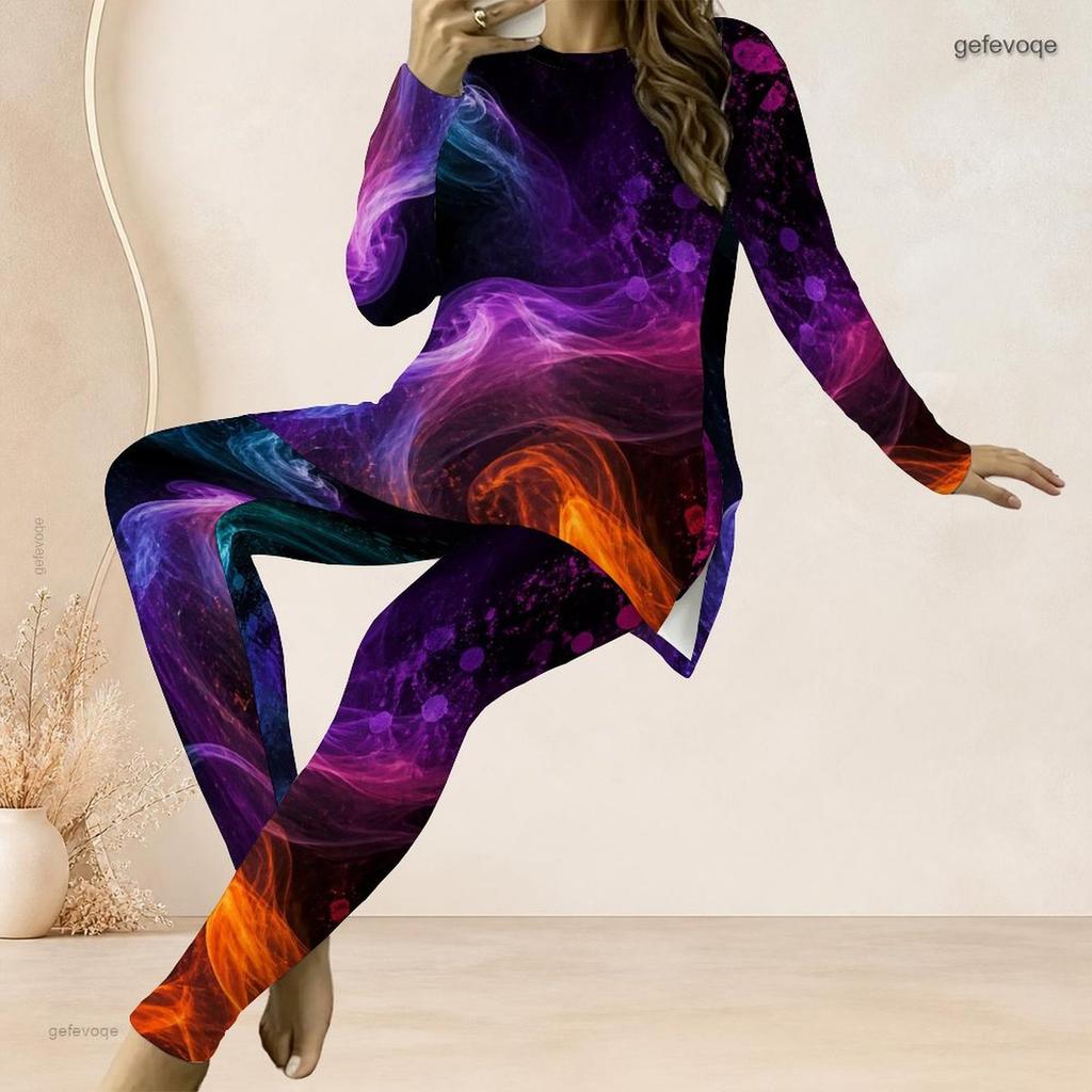 Women Plus Size Two Piece Pants Set Round Neck Long Sleeve Nebula Printed Longline Top And Fitted Pants