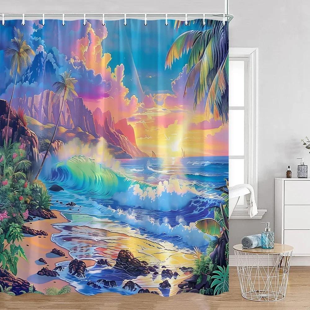 Summer Seaside Landscape Shower Curtain Coconut Tree Tropical Leaves Sea View Bathroom Decorative Polyester Shower Curtain