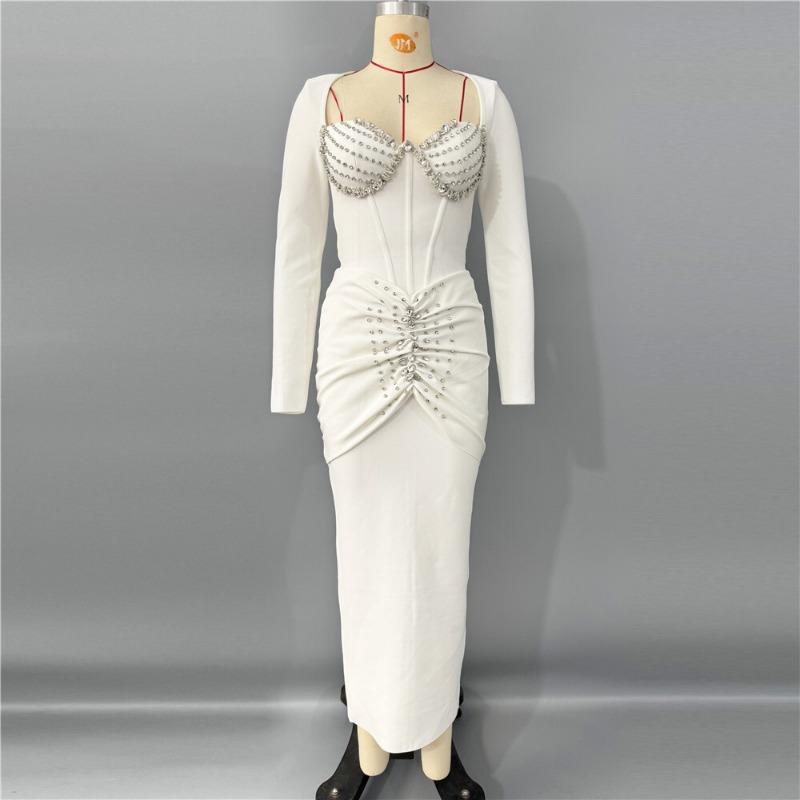 New long-sleeved bandage dress temperament long dress fashion dress heavy industry diamond women's temperament