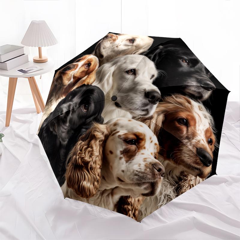 Black Puppy pattern, automatic folding umbrella, portable and foldable design, 8 ribs, a Christmas or birthday gift.