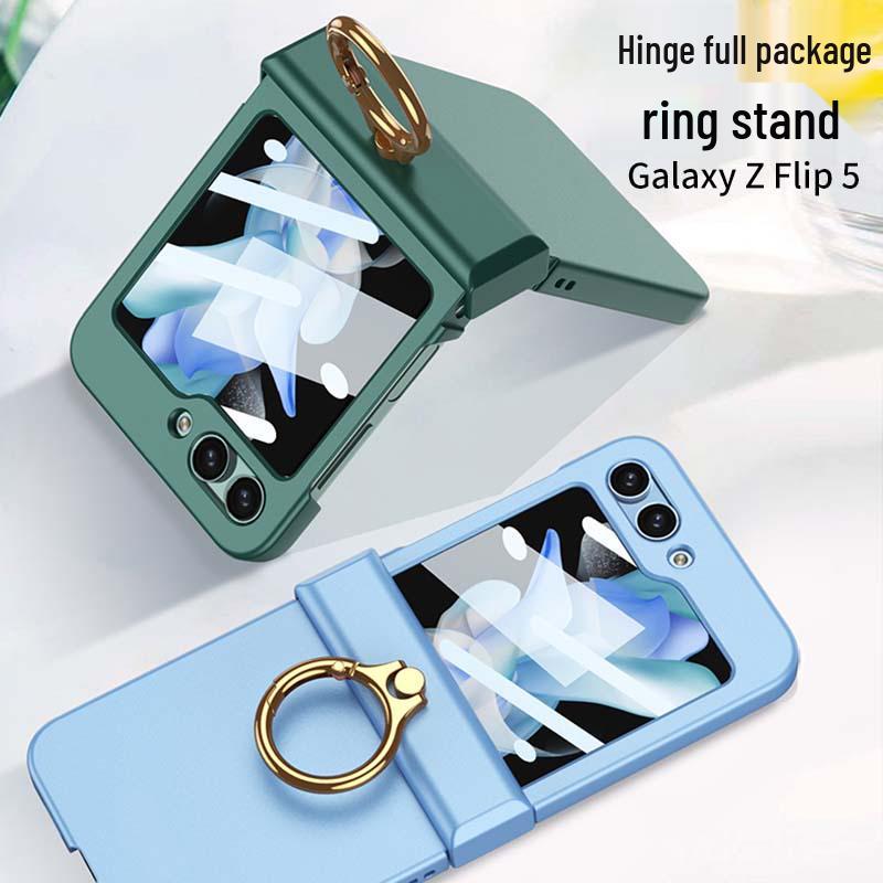 GKK Samsung Z Flip5 Full Coverage Frosted Case with Finger Ring Buckle & Small Folding Hinge.