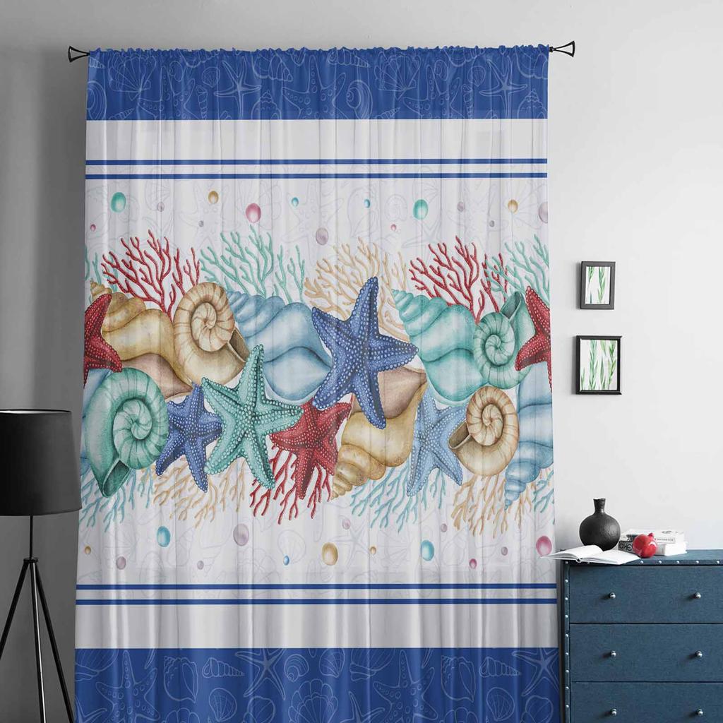Sommerliche Marine-Aquarell-Seestern-Muschel-Korallenblau-Tüll-Fenstervorhänge für Schlafzimmer, Luxus-Vorhänge im Wohnzimmer, Chiffon-Paneele