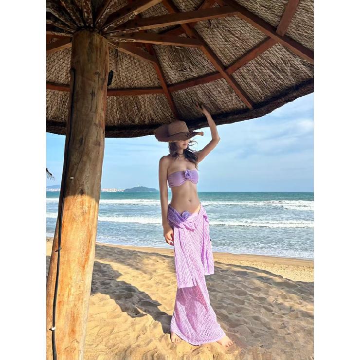 New European And American Beach Vacation Bikini Top With Hollowed Out Crochet Knitted Long Dress