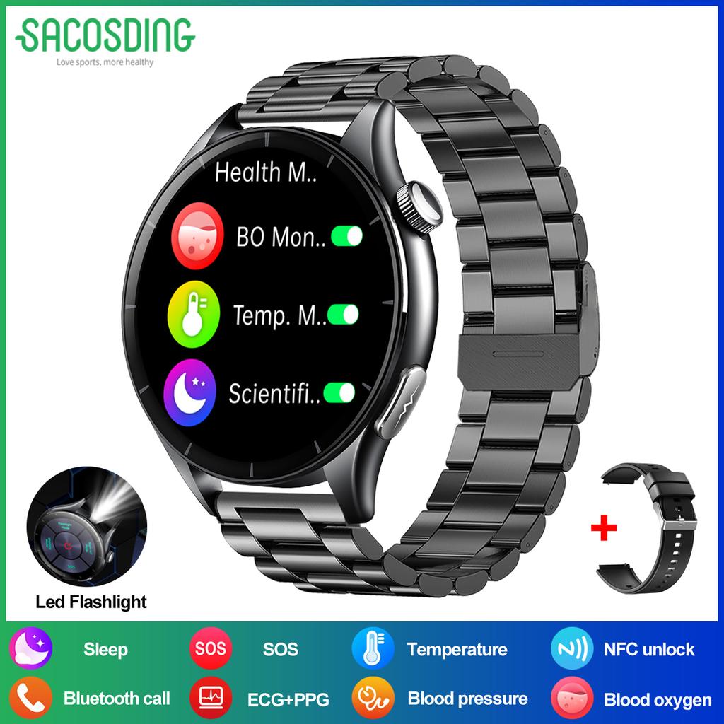 SACOSDING Men Smart Watch 1.56 inch AMOLED HD Screen Led Flashlight BT Calling ECG Health Monitoring Sports Fitness Tracker Women Smartwatch