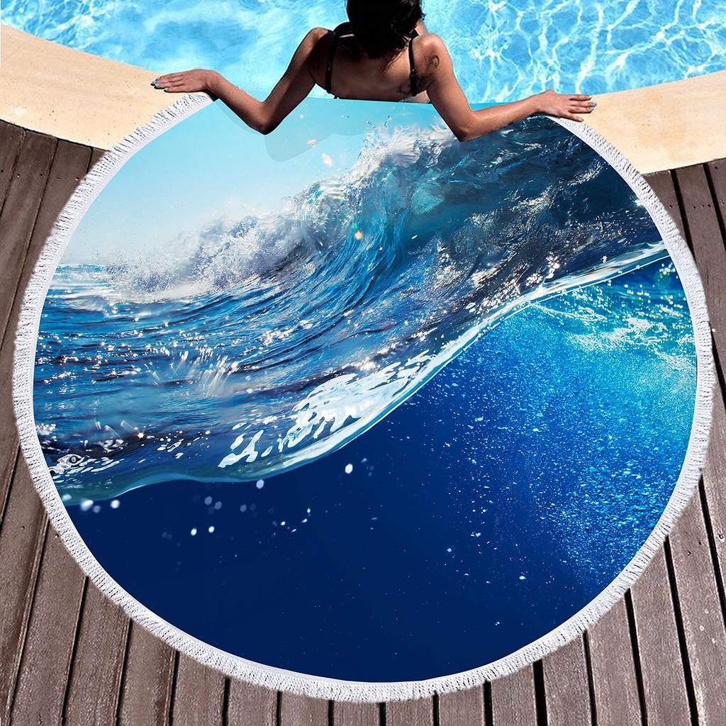 Blue Sea Wave Round Beach Towel with Tassels, Microfiber Beach Blanket Absorbent Quick Dry Soft Pool Towel Portable Picnic Ma