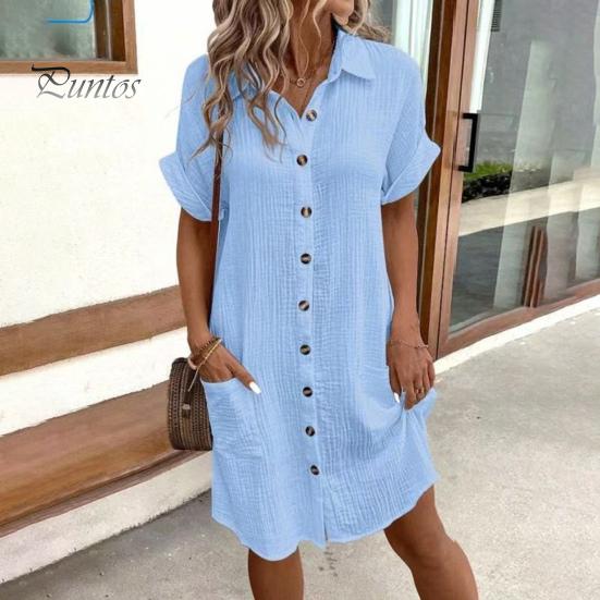Damen Baumwoll-Leinen-Kleid, lässiges Button-Down-Kleid mit V-Ausschnitt und Taschen, Sommer-Kurzarm-Strandkleid