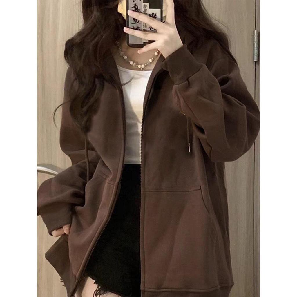 Burgundy Retro Fleece-Lined Hooded Cardigan - Petite Loose Fit for Spring/Autumn