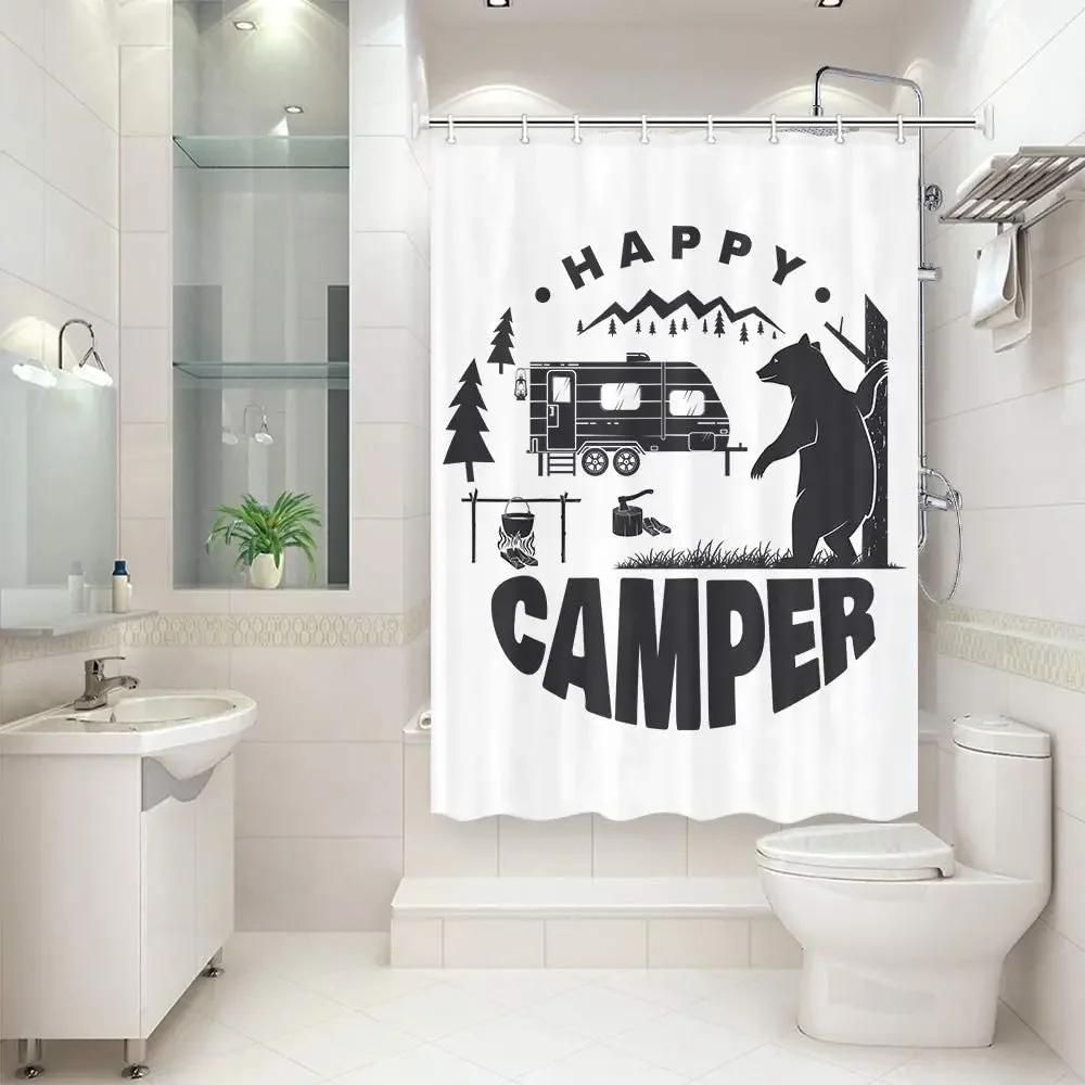 

Camping Car Shower Curtains Mountain Moon Forest Camping Enthusiast White Black Simple Bathroom Decor Fabric Bath Curtains Hooks W60H190(CM)-1 Pcs