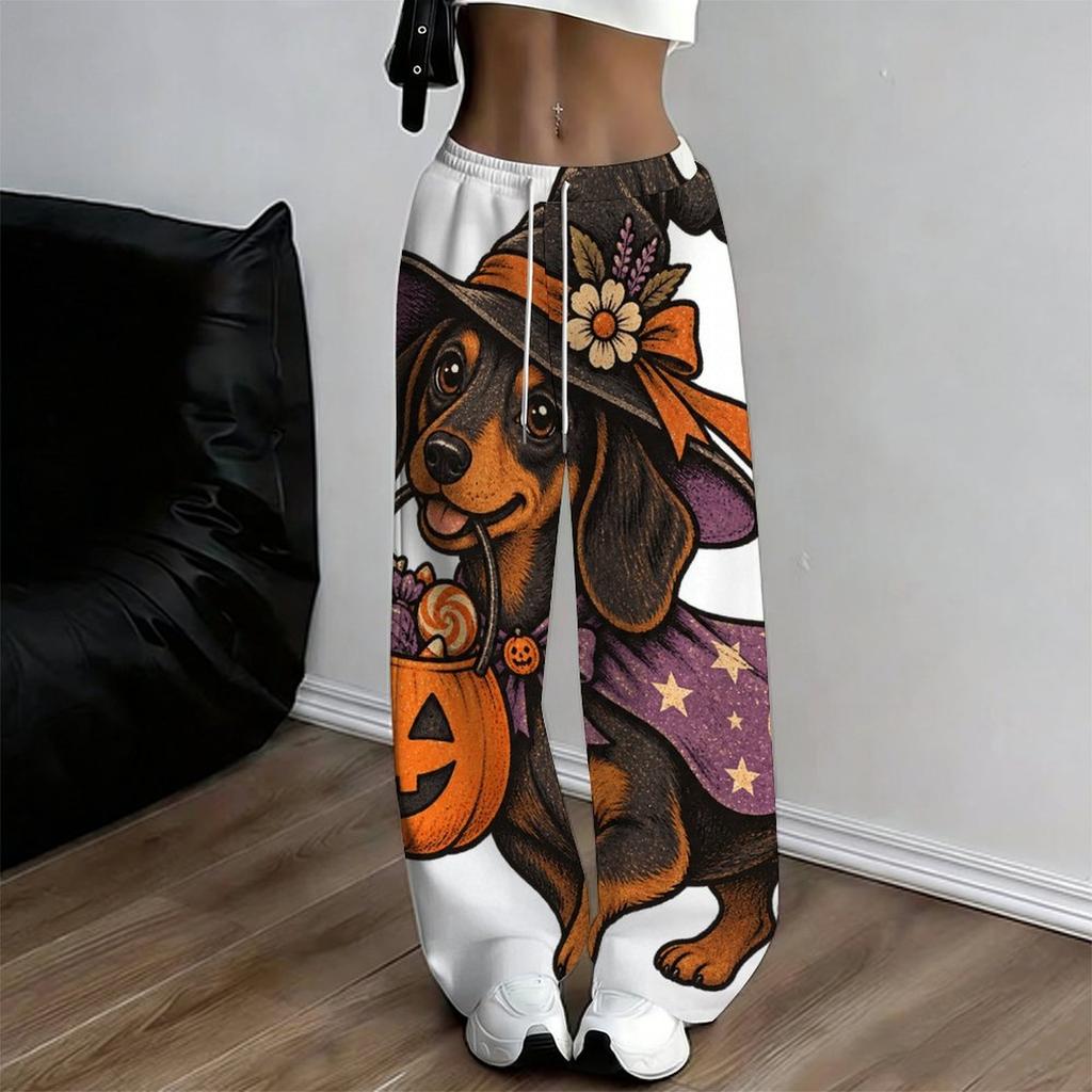 Women Plus Size Loose Straight Leg Pants Halloween Cartoon Duck Printed Full Length Casual Trousers