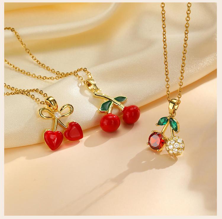 Delicate Red Cherry Pave Zirconia Pendant Necklace for Women, Fruit Summer Jewelry