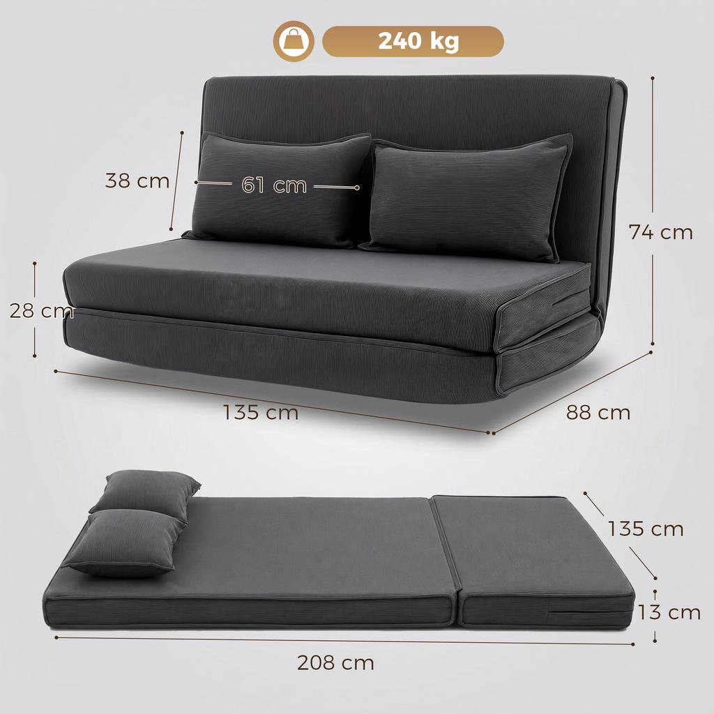 Folding Sofa Bed, 2-Seater Convertible Armchair, Corduroy, Adjustable Backrest, 2 Pillows, Grey