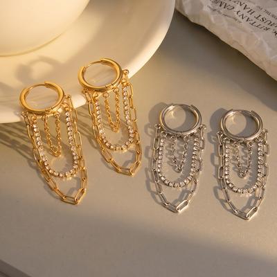 Fashion Tassel Studded Stainless Steel Earrings with Rhinestones