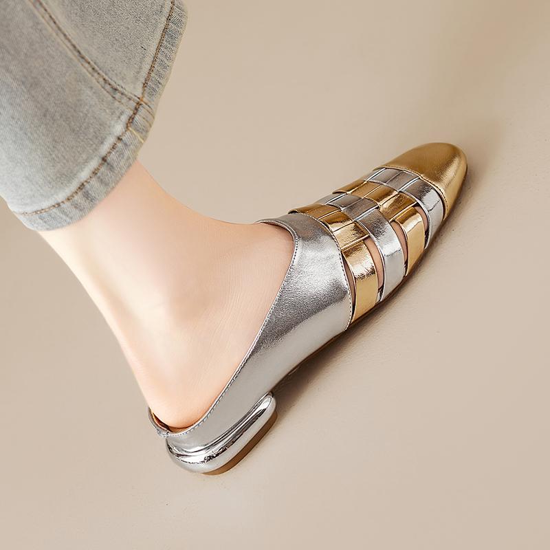 Mode 2025 Neue Mode Eckige Zehenpartie Niedriger Absatz Damen Sandale Frühling Sommer Büro Dame Party Echte Lederschuhe Frau Mueller Slipper