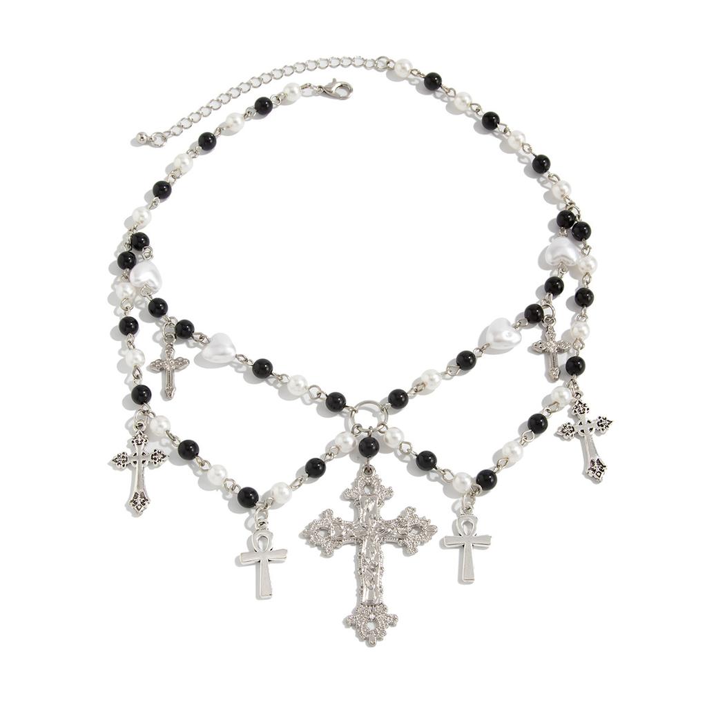 Punk Gothic Cross Pendant Necklace, Sweet And Cool Style Stacked With Mixed Color Beaded Collarbone Chain.
