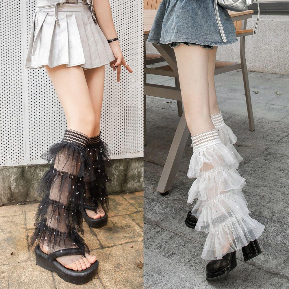 Ruffle Layered Sequins Mesh Leg Warmers Flared Design Star Sequins Knee High Stockings Lace Patchwork Boot Cover Cuffs