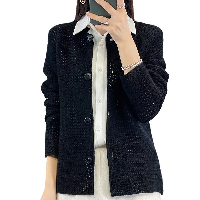 Women's Pure Wool Knit Cardigan Sweater: Loose, Round Neck, Hollow-Out Design