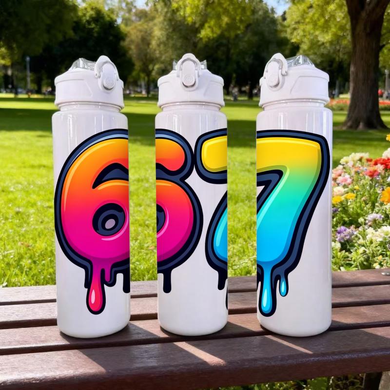 3D Printed Number 67 Pattern Lightweight Leak Proof Travel Drink Bottle,Reusable. Suitable for Office,Gym,Outdoor Sports, Yoga,