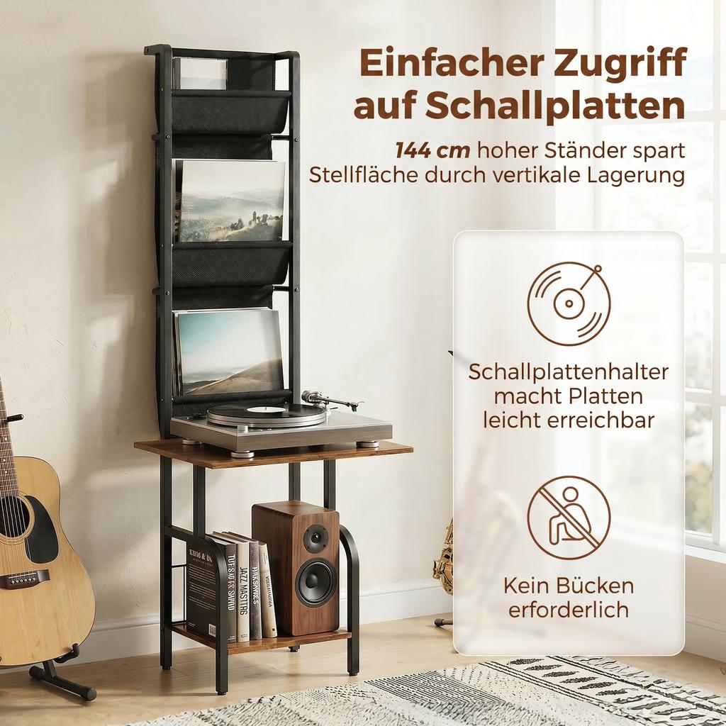 Vinyl Record Player Stand Record Storage with Player Stand Oxford Fabric Pockets Bottom Shelf Rustic Brown and Black