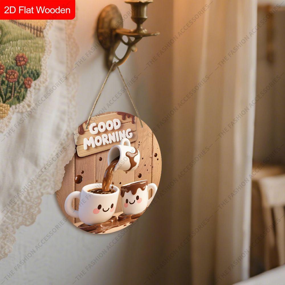 2D Plane Hanging Decorative Signs, Interior Wall or Door Decoration, Garden Decoration, ”GOOD MORNING" Logo, Coffee Pattern