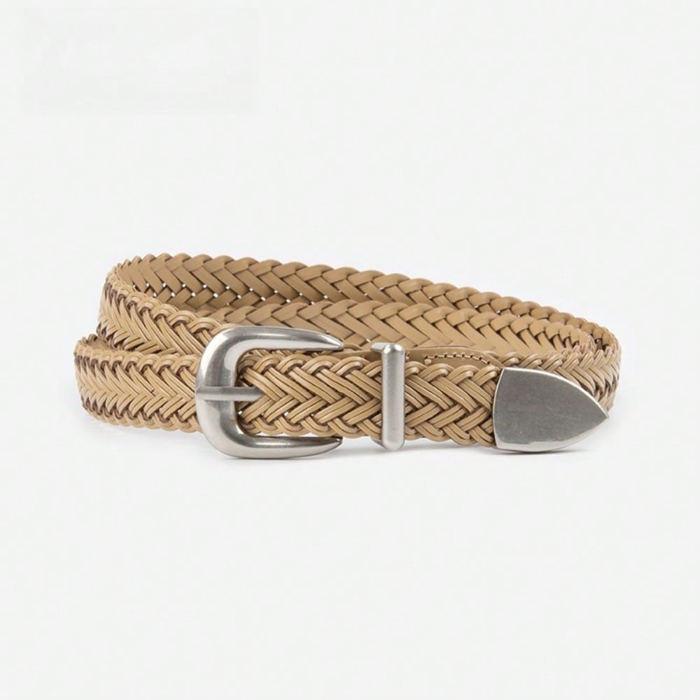 Ceinture Tissée Rétro pour Femme avec Pantalon Décontracté en Jean Boucle à Broche Décorative Non Perforée Apricot Color multicolore