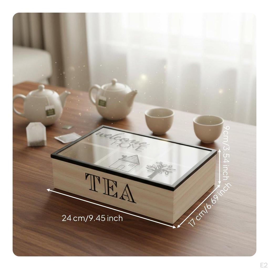 Wooden Tea Box Separate Compartments Packet Organizer Desktop Display Lidded for