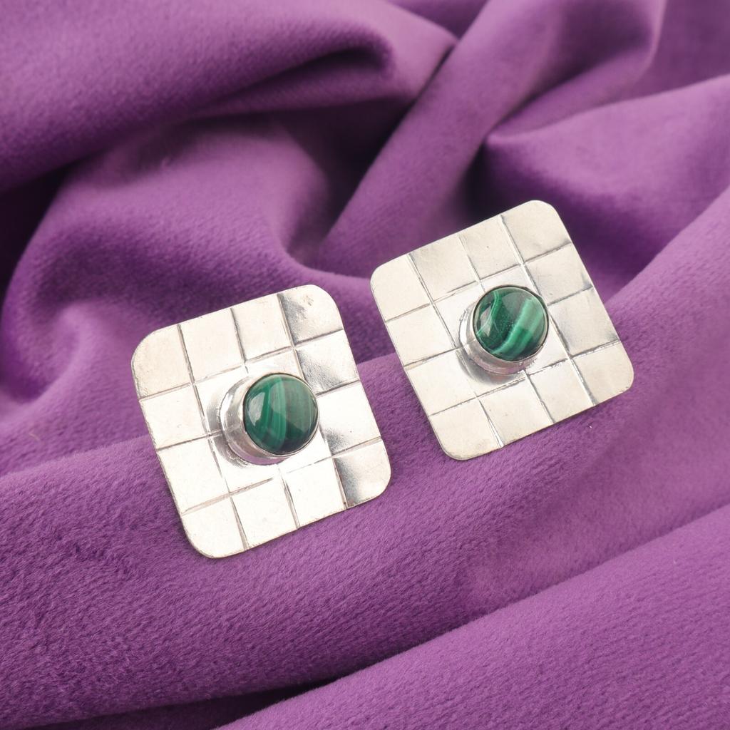 Natural Malachite 925 Silver Wedding Gift New Stud Heart Chakra Earrings Jewelry EE-146-38