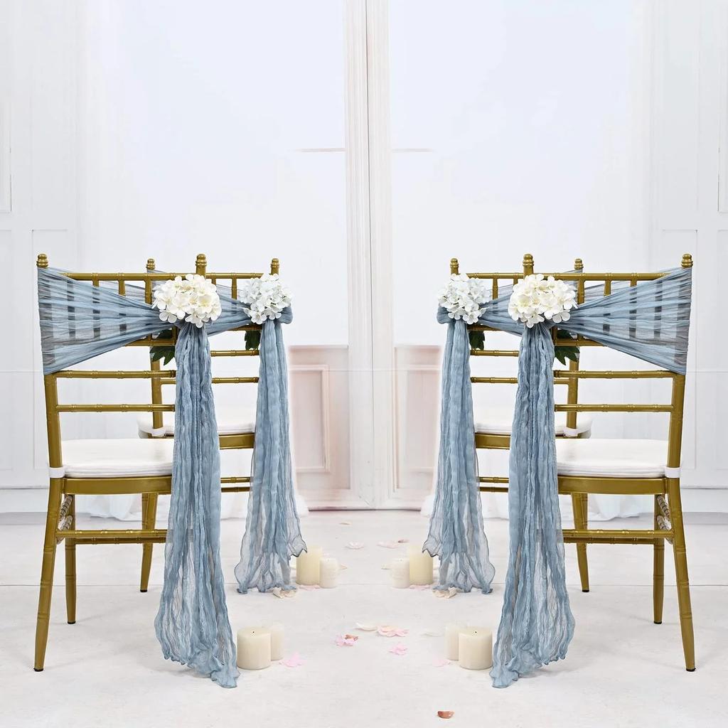 6pcs Boho Crinkled Voile Cheesecloth Chair Sashes Sheer Chair Covers Bows For Party Wedding Event Aisle Decoration