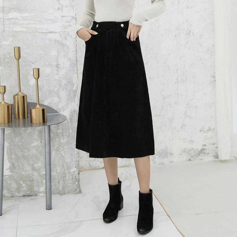 Plus Size Women Skirts Female Autumn Elastic Basic Corduroy High Slit Oversize Fashion Japanese Dress