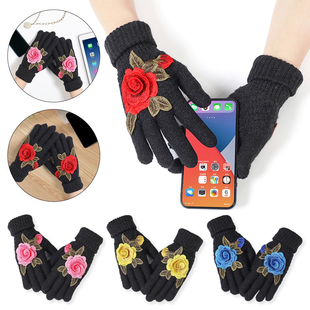 Soft Winter Gloves Embroidered Flower All Finger Gloves Knitted Gloves  Outdoor Cycling Driving