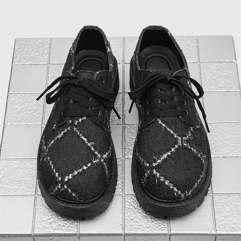New men's washed denim casual big head leather shoes niche low-top heightening men's shoes