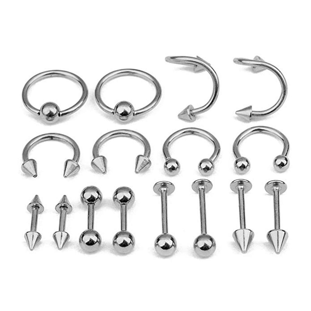 16Pcs Piercing Tongue Bar Set Mixed Body Jewellery Surgical Steel Assortment Spiral Rings Attractive for Women Banquet