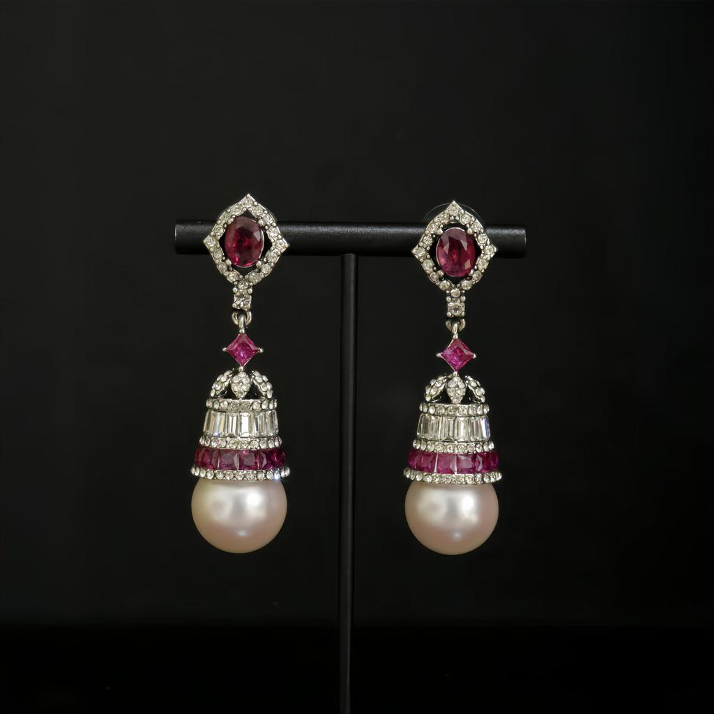 Exquisite Luxury Pearl & Diamond Stud Earrings in Copper with Silver Needle Design