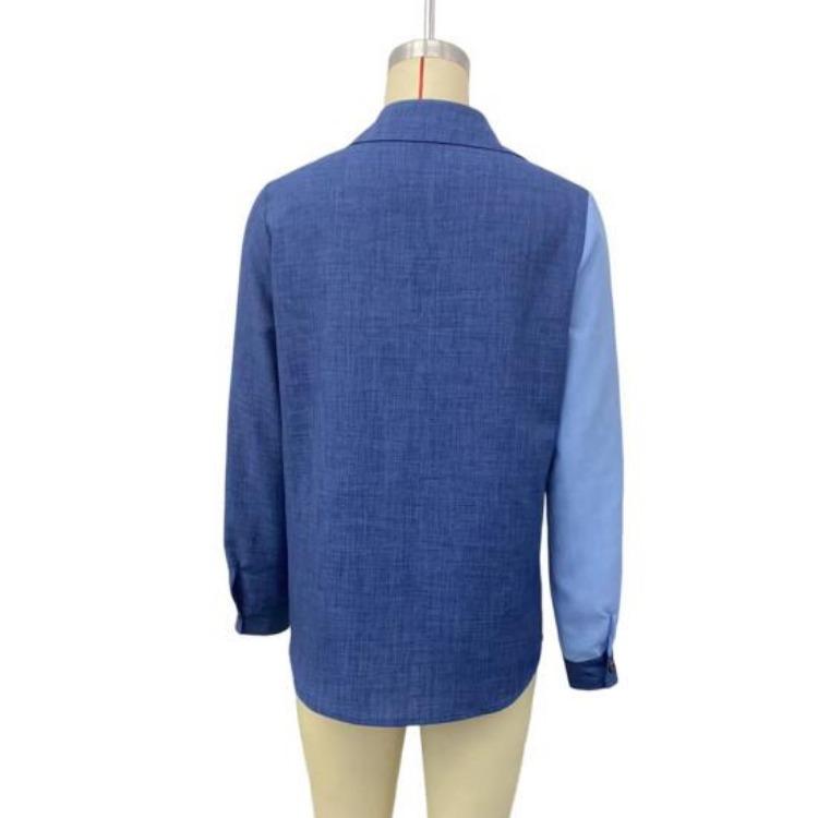 Women Long Sleeve Shirt Lapel Color Blocking Casual Tops Daily Wear Single Breasted Regular Fit