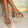 Designer New Fashion Gold Solid Colored Cross-tied Heels Supper High Platform Dressing Sandals Peep-toe High Heel Sandals