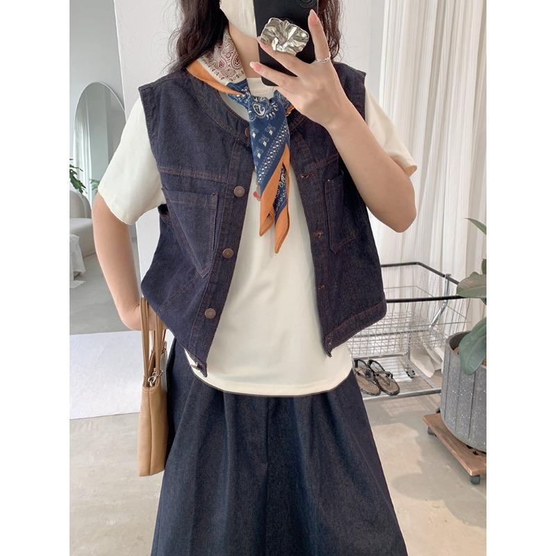 Frühling Herbst Vintage Rundhals Locker Lässig Denim Weste Damen Ärmellos Alleskönner Tasche Tanktop
