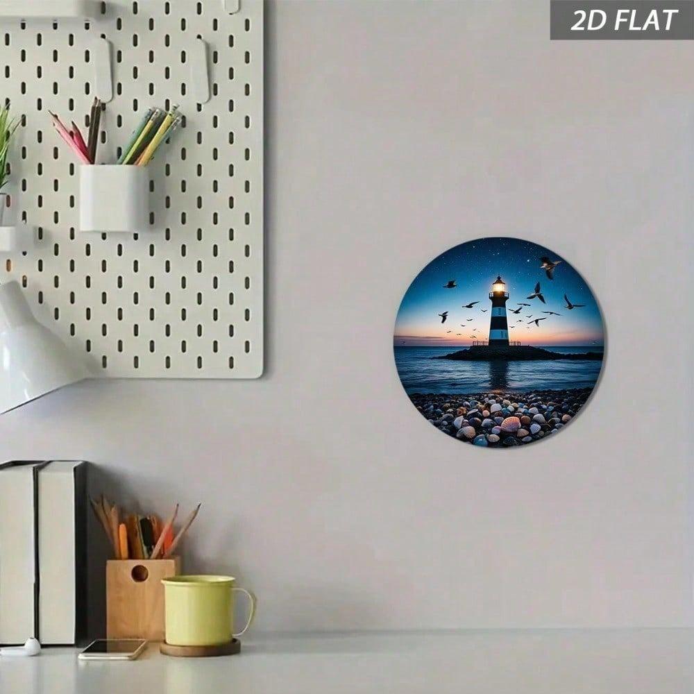 Vintage Nautical Lighthouse Metal Wall Art 8x8 Inch Coastal Seagull Aluminum Sign Starry Night Wave Decor Frameless Bedroom Decor