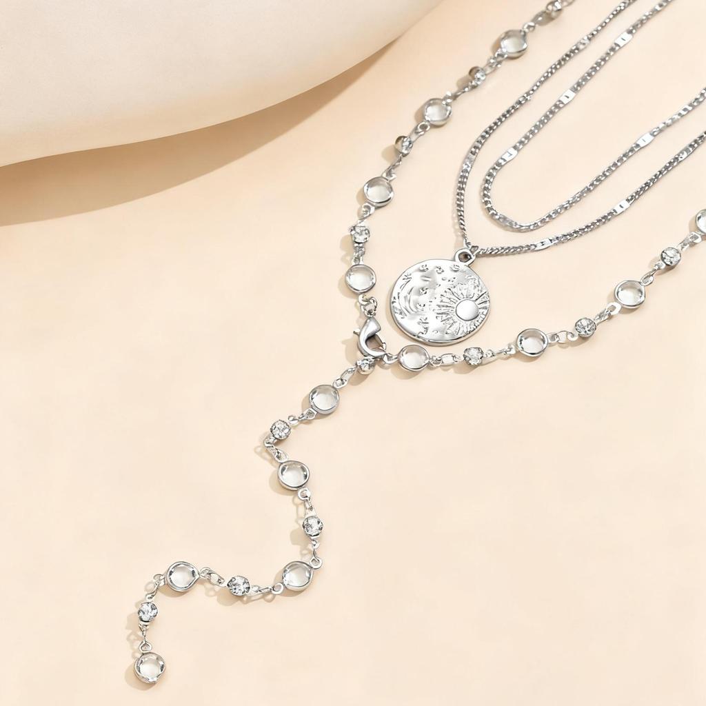 European and American Rhinestone Y-Necklace with Gold Coin Pendant and Clavicle Chain